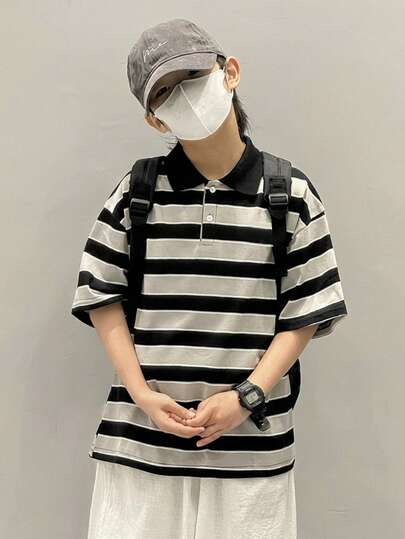 Tween Boy Korean Style Casual Knitted Striped Short Sleeve Polo Shirt, Suitable For Commuting, School, Casual, Sports, Spring/Summer