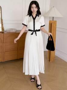 优雅通勤少女连衣裙，黑色衬衫领短袖褶裥喇叭裙，撞色设计，光泽面料，优雅公主裙 - 杏色 - 查看 6