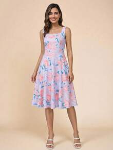 Amorya 女士印花无袖方领A字连衣裙 - 紫羅蘭色 - 查看 2