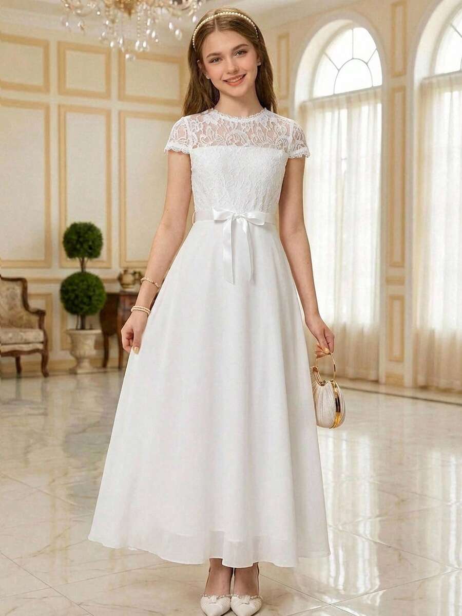 Pitira Vestido maxi elegante y lujoso de línea A con parches de bordado soluble en agua de color blido liso, adecuado para niñas adolescentes, niña de las flores, baile de graduación, fiesta y otras ocasiones, apropiado para primavera y verano, vestido de fiesta, vestido de noche - Blanco - Ver 1