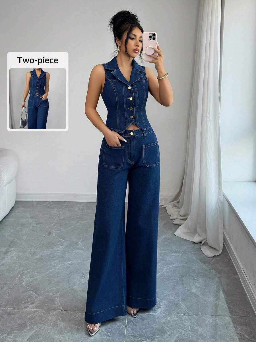 Elenzga Women's Elegant Commuting Casual Versatile Wide Leg Loose Fit Non-Stretch Denim Jeans & Relaxed Fit Denim Top Set - Dark Wash - View 1