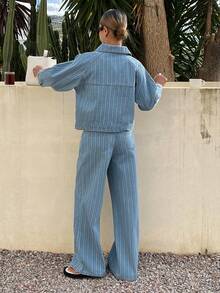 Livesso Women's Casual Textured Striped Blue Denim Shirt Top And Straight Leg Pants Set, Loose Fit Fashion Vacation Street Style Jacket Outfit, Spring/Summer - Light Wash - View 6