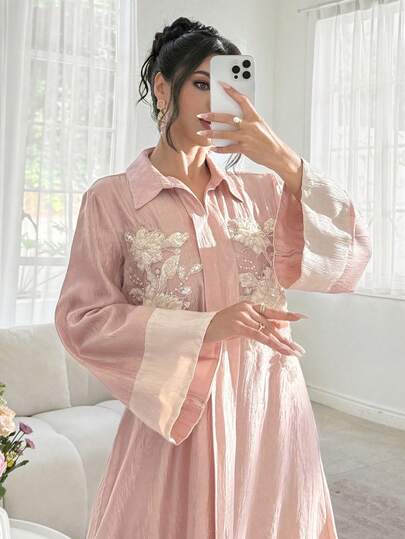 SHEIN Najma 珍珠点缀撞色拼接开衩长款束腰连衣裙，土耳其和阿拉伯传统风格