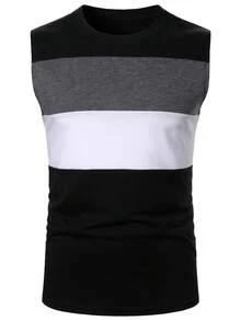 Manfinity Homme Men's Black And White Striped Summer Casual Tank Top,Fashionable Street Hip Hop Style Color Block Sleeveless Tee,Classic Fit Round Neck Work T Shirt - Black - View 4