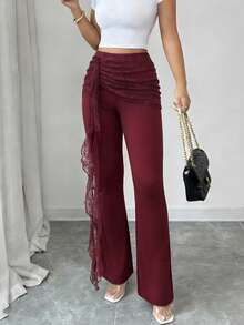 Elenzga Women's Elegant Lace Ribbon Ruched Casual Streetwear Fashion Pants - Burgundy - View 4