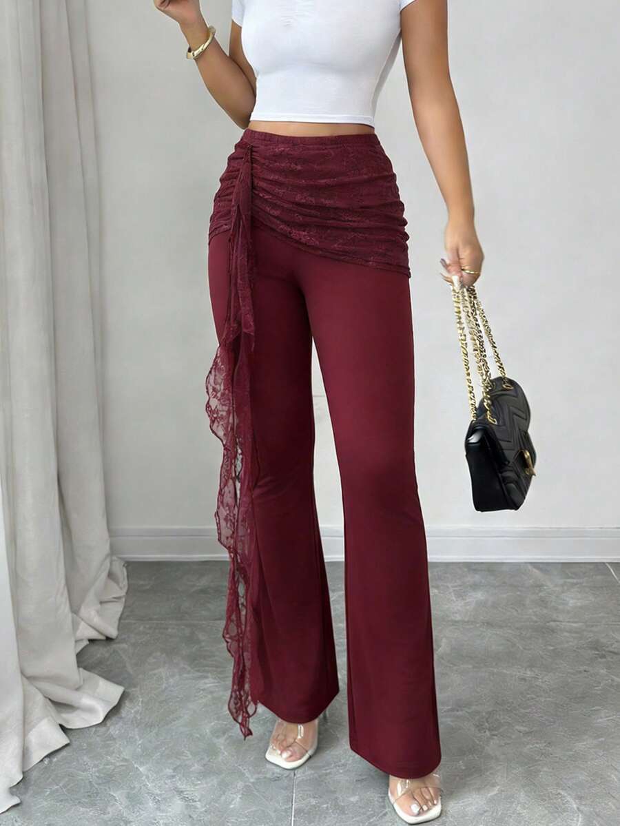 Elenzga Women's Elegant Lace Ribbon Ruched Casual Streetwear Fashion Pants - Burgundy - View 1