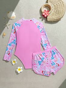 SHEIN New Fashion Girls Patchwork Print Swimsuit Set - Pink - View 2