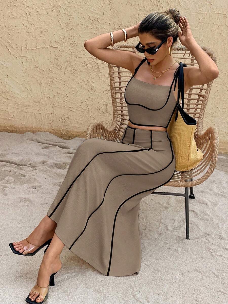 SHEIN Frenchy Women's Colorblock Camisole Top And Skirt 2 Pieces Set, Fashionable For Vacation, Date, And Outings - Mocha Brown - View 1