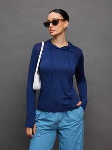 Activina 纯色连帽套头衫休闲长袖卫衣长袖运动上衣健身上衣长袖UPF防晒衫女款蓝色运动卫衣蓝色活力上衣 - 藏蓝色 - 查看 7