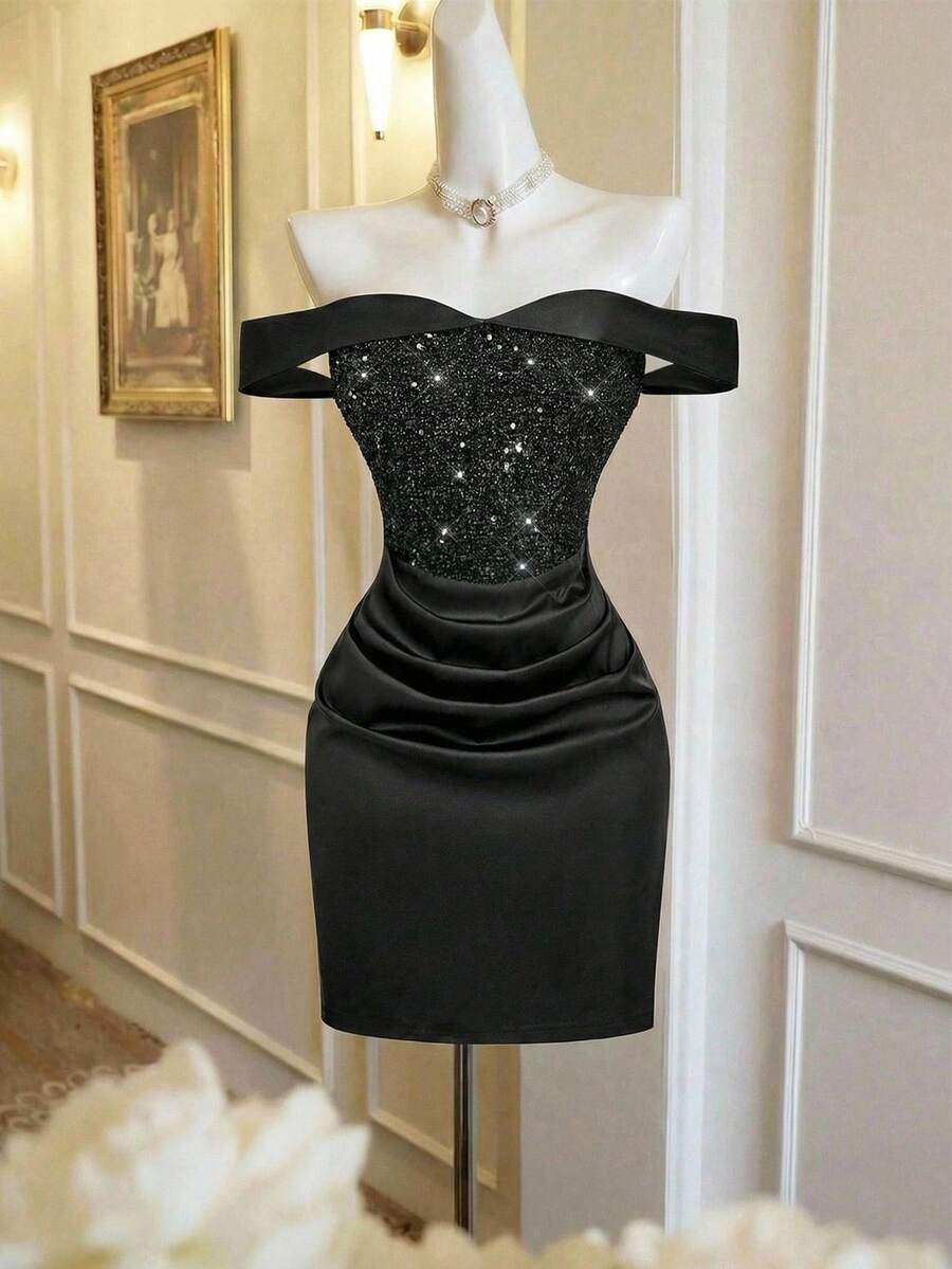 SHEIN MOD Váy ngắn satin sequin hở vai - màu đen - Xem 1