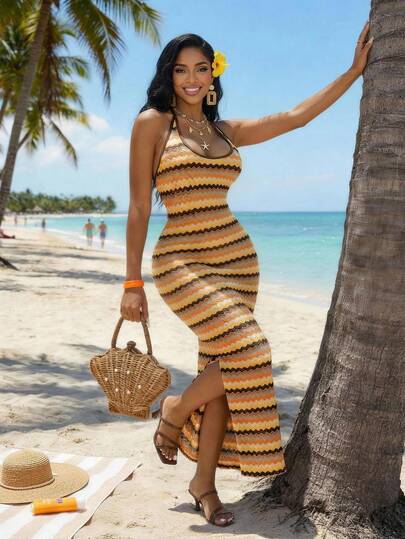 SHEIN Lady Women's Square Neck Halter Fitted Vintage Long Dress