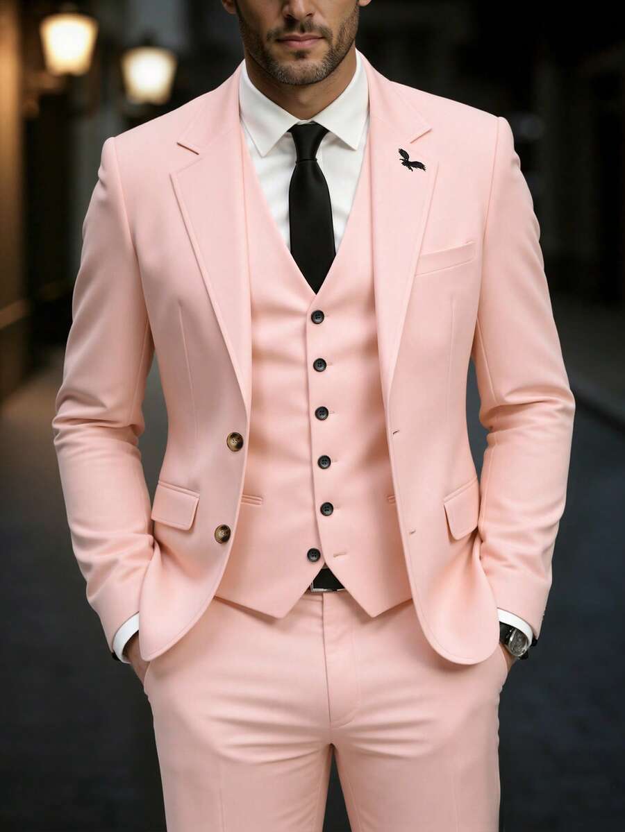 Manfinity AFTRDRK Men's Notched Collar Bird Embroidery Single-Breasted Long Sleeve Suit Jacket, Fashionable Commuter Outerwear - Pink - View 1