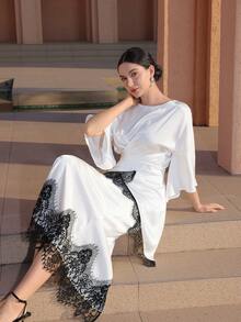 Graceveil 女士优雅撞色蕾丝喇叭袖荷叶边腰部不对称下摆上衣和半裙套装，适合春秋季约会穿着 - 黑與白 - 查看 7