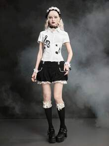 ROMWE Kawaii Blusa ajustada de mujer con estampado de lunares y notas musicales - Blanco - Ver 6