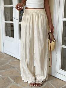 SHEIN Frenchy 女士纯色弹力腰直筒宽松休闲裤 - 杏色 - 查看 10