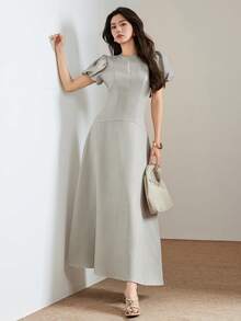 Heiryn Đầm dài đơn giản, thanh lịch, cổ tròn, tay cánh hoa dành cho nữ, màu trơn. - Màu Khaki - Xem 3