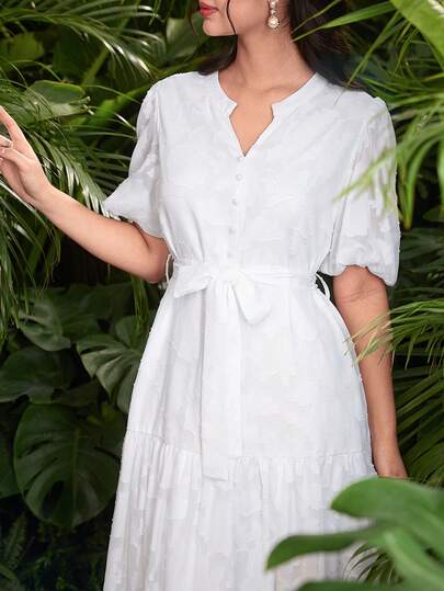 Modelyn Floral Cutout Decor Petal Sleeve White Dress With Belt