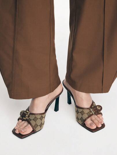 Mnmlis 女士高跟凉鞋，春夏新款时尚刺绣格纹面料金属腰带扣装饰，现代通勤优雅风格，百搭方头细跟高跟穆勒鞋