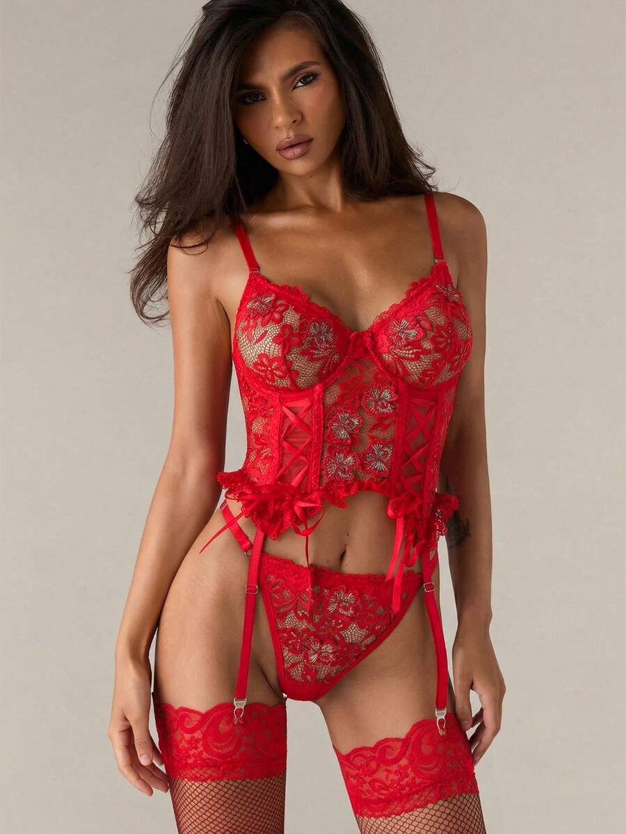 SHEIN BAE 4件套浪漫蕾丝女士性感内衣套装 - 紅色 - 查看 1