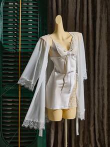 SilkySpell Solid Color Sexy Lace Slit Nightgown Robe Sleepwear Set, French Boudoir Sexy Mesh Lace Lingerie Set For Women - White - View 6
