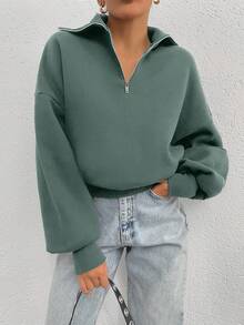 SHEIN Cottnline 100% Cotton Collar With Zipper Pattern Oversize Sweatshirt - Mint Green - View 5