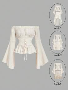 SHEIN MOD 白色露肩系带褶皱胸前荷叶边下摆收腰喇叭袖衬衫。象牙色露肩衬衫，喇叭袖，系带前襟，纹理面料，荷叶边下摆，胸部褶皱，浪漫风格，优雅廓形，柔软触感，轻盈外观，低调光泽，波西米亚风，女性化剪裁，精致细节，收腰设计，自然色，适合夏季假期、度假、狂欢节、情人节、女士情人节、夏季、春假等场合。 - 杏色 - 查看 2