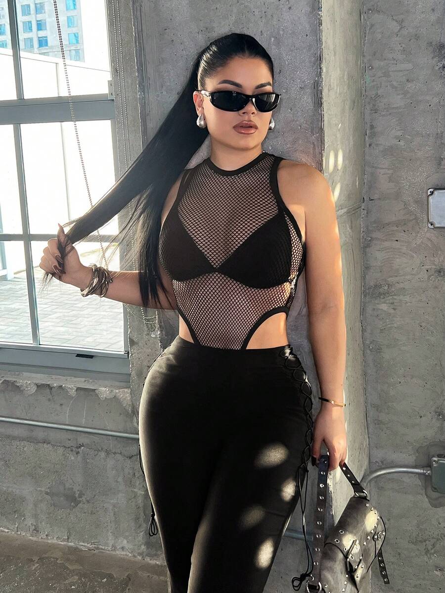 SHEIN SXY 女士性感网纱透视高开衩连体衣，夏季 - 黑色 - 查看 1