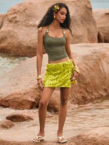 Poéselle Women's Solid Color Beaded Halter Neck Backless Fitted Tank Top,Summer Top - Army Green - View 6