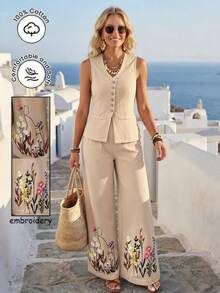 Rafferiza 2件套休闲无袖上衣和高腰刺绣直筒裤 - 卡其色 - 查看 1