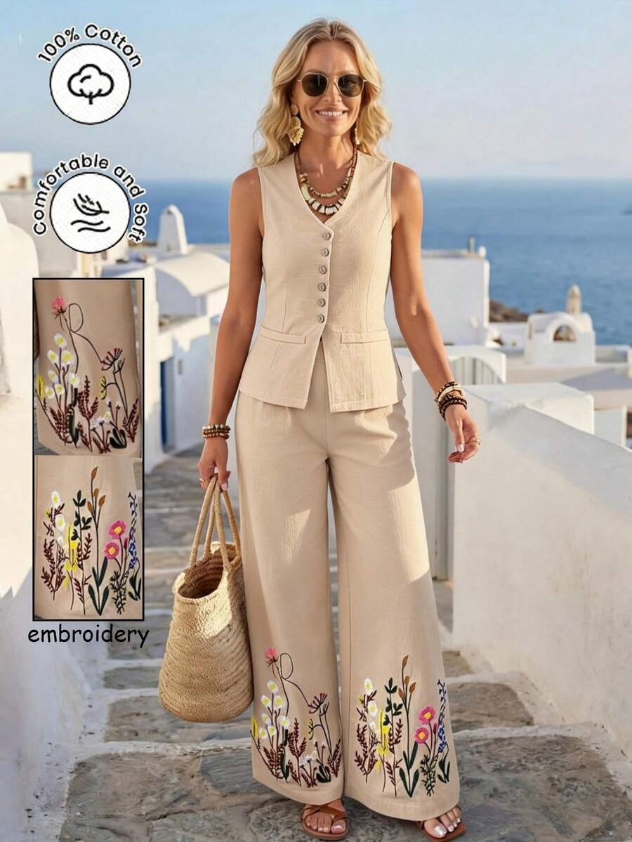 Rafferiza 2件套休闲无袖上衣和高腰刺绣直筒裤 - 卡其色 - 查看 1