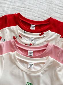 SHEIN Vintaside Kids 4件装女童休闲卡通樱桃印花短款圆领T恤，适合日常穿着、外出、度假、拍照、春夏穿着 - 彩色 - 查看 4