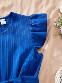 ChillGRL 少女提花荷叶边下摆蝴蝶结腰身蓝色提花荷叶边袖连衣裙，适合青少年女孩夏季休闲日常度假穿着 - 藍色 - 查看 3