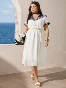 Zelara 大码女装夏季海军蓝翻领休闲度假连衣裙，短袖蓝白航海风女装 - 彩色 - 查看 9