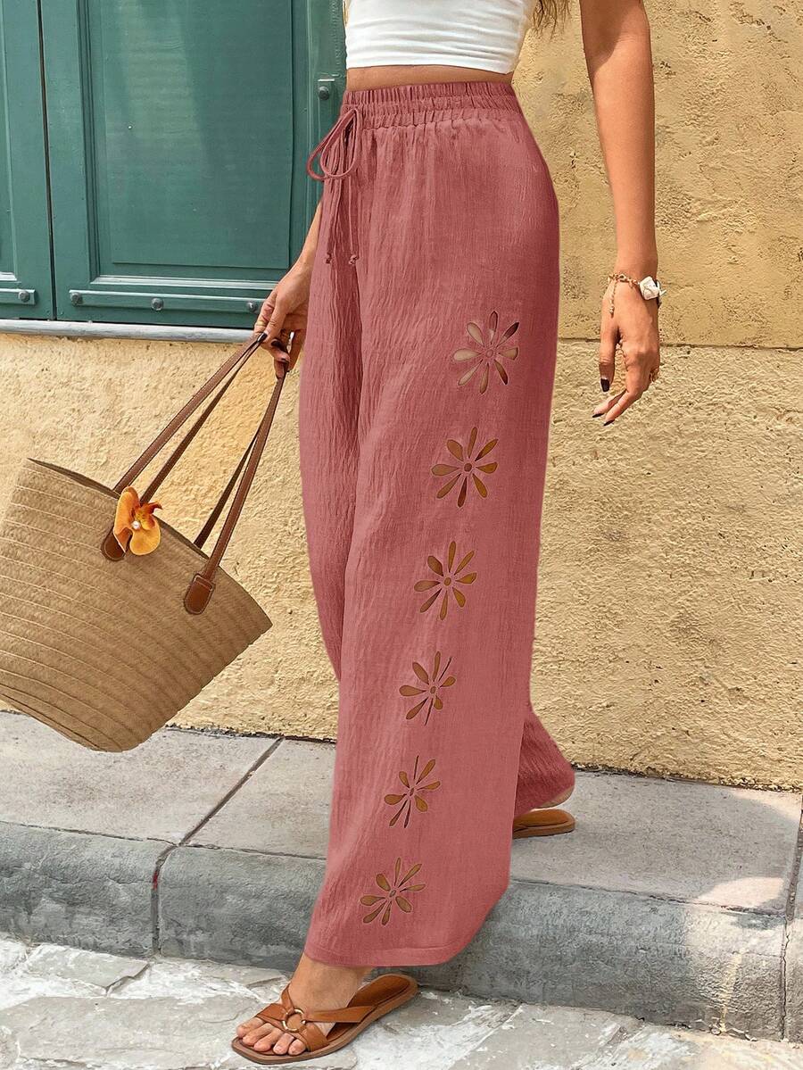 SHEIN Frenchy 女士纯色简约休闲裤 - 藕粉色 - 查看 1