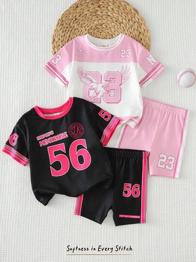 Cozy Pixies 4件套女婴字母印花柔软针织圆领短袖上衣和松紧腰短裤套装