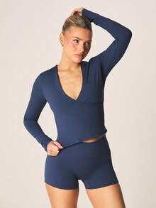 MISSGUIDED Áo croptop tay dài hai lớp cổ chữ V xẻ sâu. - Màu xanh lam - Xem 1