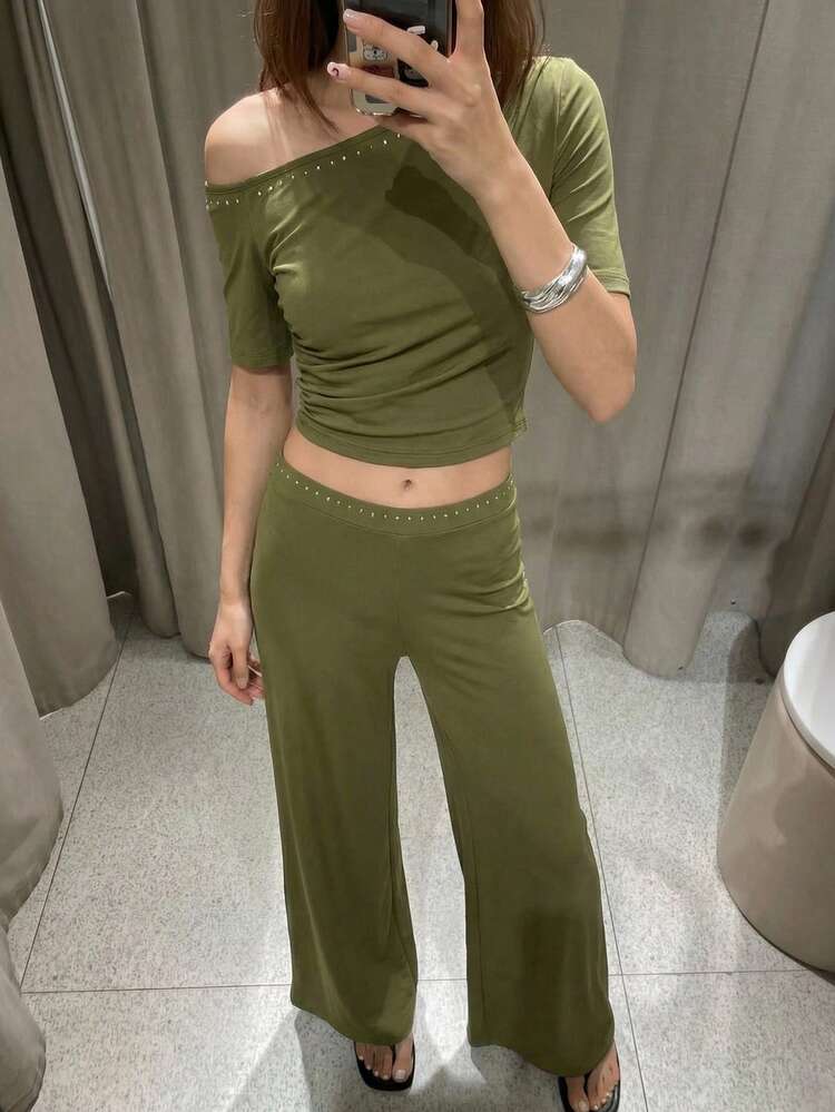 SHEIN Maija Women's Casual Vacation Style Fashion Daily Commute Geometric Rivet Decor Asymmetrical Collar Pleated Cropped Top And Wide Leg Pants 2-Piece Set, Spring/Summer Green Two Piece Casual 2 Piece Set Pants Set Two Piece Comfortable Two Piece Set  Resort Wear 2026