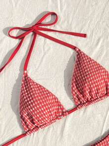 Swim Mod 2026 Spring/Summer Red Spaghetti Strap Textured Red & White Plaid Side Tie Bikini Two Pieces Swimsuit For Women - Red - View 4