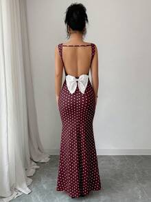 Elenzga Đầm đuôi cá hở lưng chấm bi cổ điển thanh lịch, phối nhiều mảnh vải, thắt nơ, thích hợp cho các buổi hẹn hò và tiệc tùng, trang phục duyên dáng và quyến rũ, mùa xuân/hè. - Nhiều màu - Xem 3