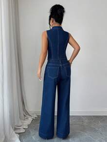 Elenzga Women's Elegant Commuting Casual Versatile Wide Leg Loose Fit Non-Stretch Denim Jeans & Relaxed Fit Denim Top Set - Dark Wash - View 2