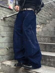 Manfinity EMRG 男士休闲时尚街头风破洞宽松喇叭牛仔裤，适合日常通勤，男士超大码牛仔裤，Y2K风格男士牛仔裤 - 深色水洗藍 - 查看 5