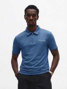 SUMWON Áo Polo nam Essential Muscle Fit tay ngắn, khóa kéo nửa thân và logo thêu, thích hợp cho mùa hè, phong cách công sở thường ngày. - Màu xanh lam - Xem 5