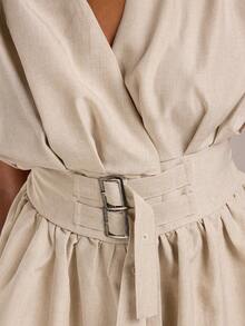 Normani 新款优雅休闲通勤杏色竹纤维针织V领开衫，配腰带和高腰直筒阔腿裤套装 - 杏色 - 查看 5