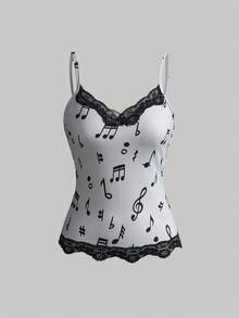 ROMWE Bộ 3 món áo hai dây ôm sát người, viền ren, in hình nốt nhạc và bàn phím piano phong cách Y2K cổ điển. - Nhiều màu - Xem 11