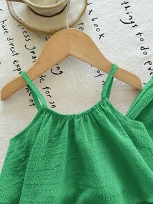 SHEIN LMoss Kids 2件套女婴纯色无袖背心和宽松休闲裤套装 - 綠色 - 查看 6