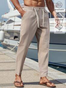 Manfinity RSRT 男士纯色抽绳腰长裤，锥形修身亚麻长裤，清爽简约，适合外出和秋季穿着。 - 杏色 - 查看 3