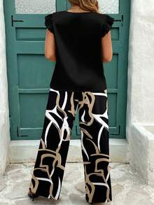 SHEIN CURVE+ Plus Size Summer Simple Solid Ruffle Trim Top And Abstract Geometric Print Casual Pants 2 Pieces Set, Loose Fit - White - View 2
