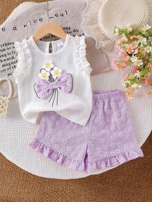 SHEIN Elladie kids Bộ đồ mùa hè dễ thương và đáng yêu cho bé gái (nhỏ): Áo hai dây dệt kim jacquard màu trắng ngà viền bèo nhún và quần short viền bèo nhún màu tím. - Màu tím - Xem 7