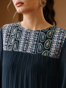 Anewsta 女士优雅浪漫度假藏蓝色刺绣拼接雪纺束腰宽松长裙 - 藏蓝色 - 查看 1