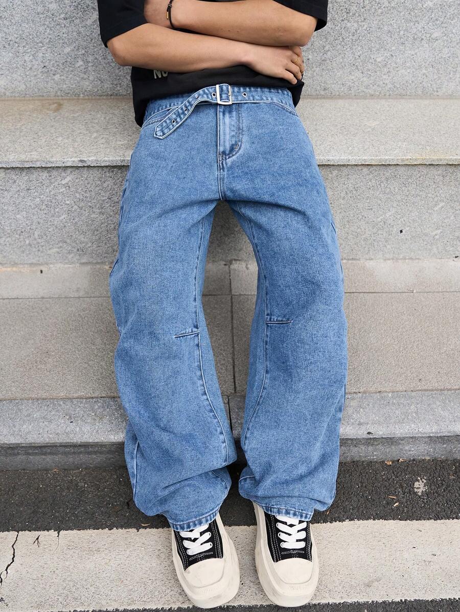 Manfinity Hypemode 男士美式街头时尚可调节腰带设计蓝色水洗宽松阔腿牛仔裤 - 中等水洗藍 - 查看 1